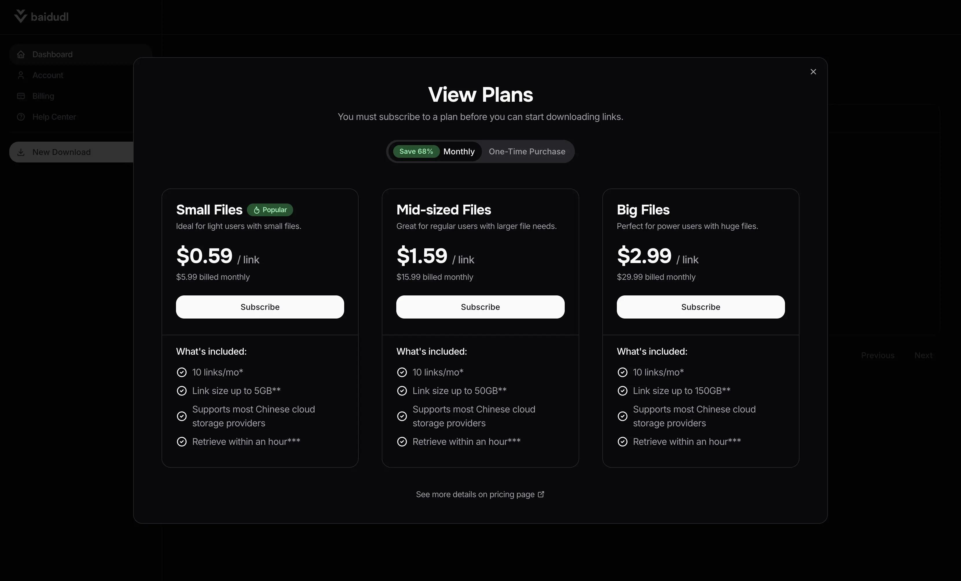 Dashboard showing Plans Dialog